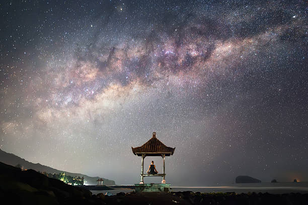 A man is sitting in meditation pose in front of the Milky Way in the night.